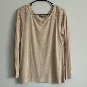 Retrology Beige Eyelet Detail Minimalist Long Sleeve Blouse